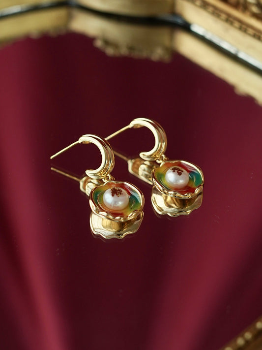 EA0008MX Earrings Dangle Freshwater Pearl Colorful Enamel 18K Gold Pleated