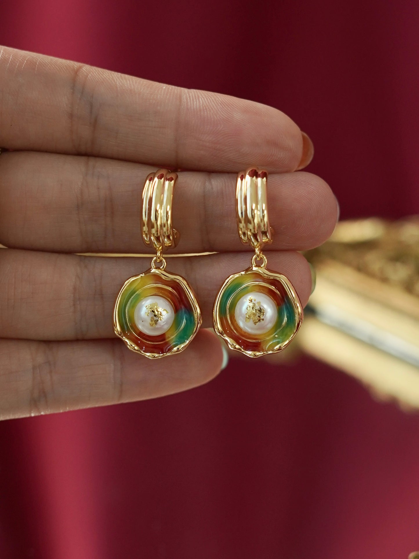 EA0008MX Earrings Dangle Freshwater Pearl Colorful Enamel 18K Gold Pleated