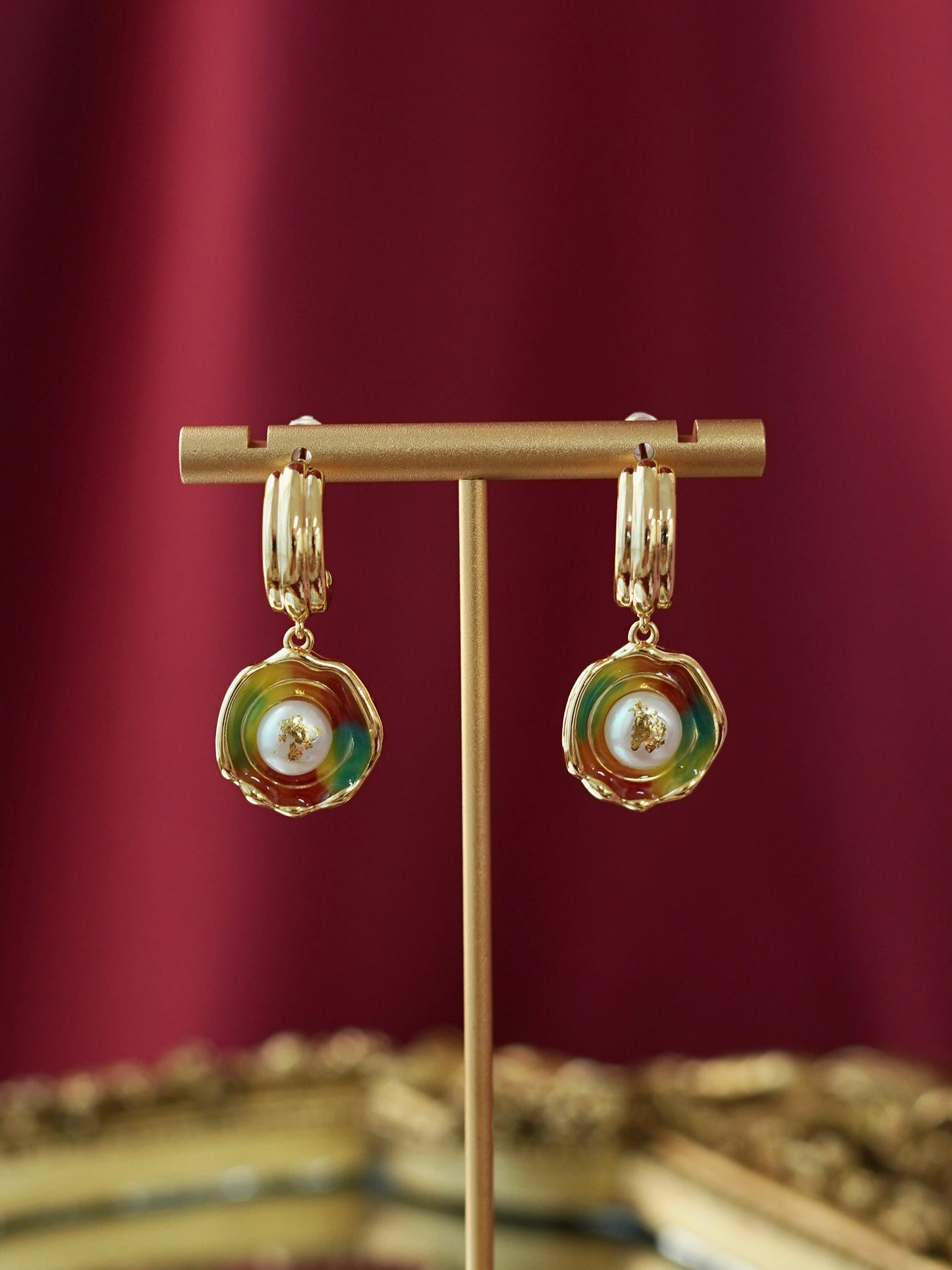 EA0008MX Earrings Dangle Freshwater Pearl Colorful Enamel 18K Gold Pleated